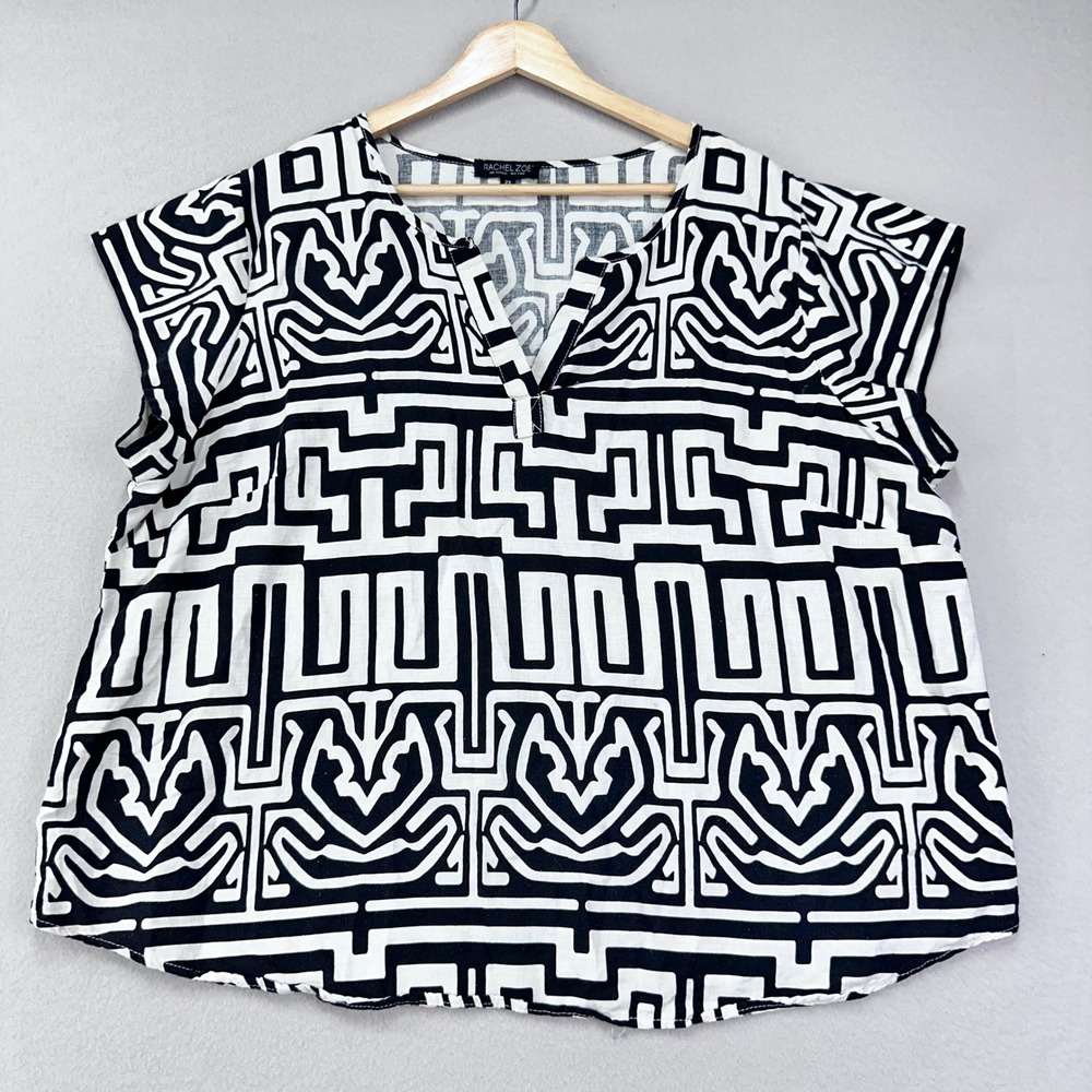 Rachel Zoe Black and White Geometric Print V-Neck Blouse